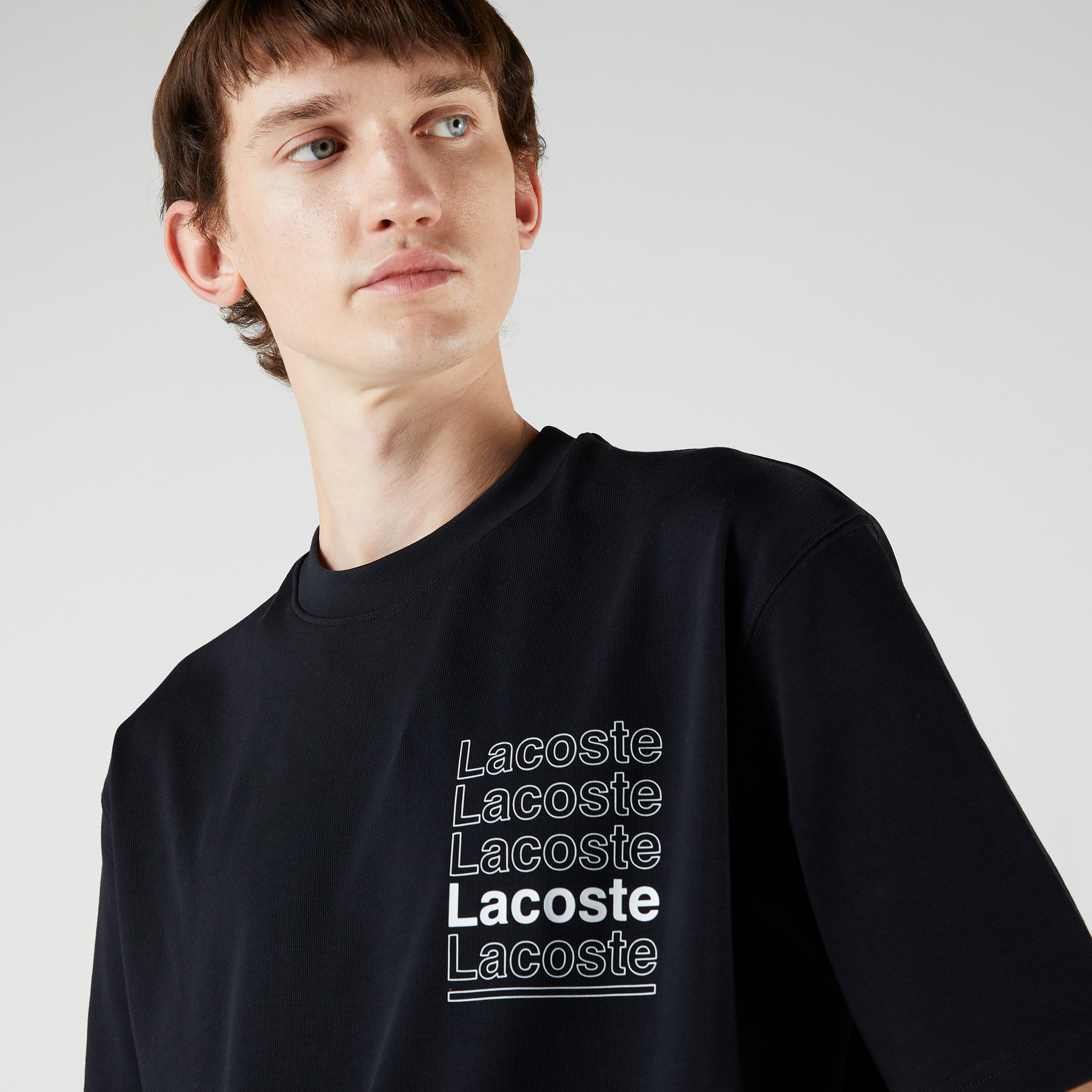 Lacoste L!ve Erkek Loose Fit Bisiklet Yaka Baskılı Siyah T-Shirt